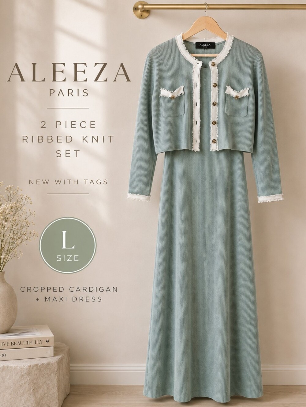 NWT Aleeza Paris Size L 2 Piece Ribbed Knit Maxi Dress Cardigan Set - Picture 1 of 10